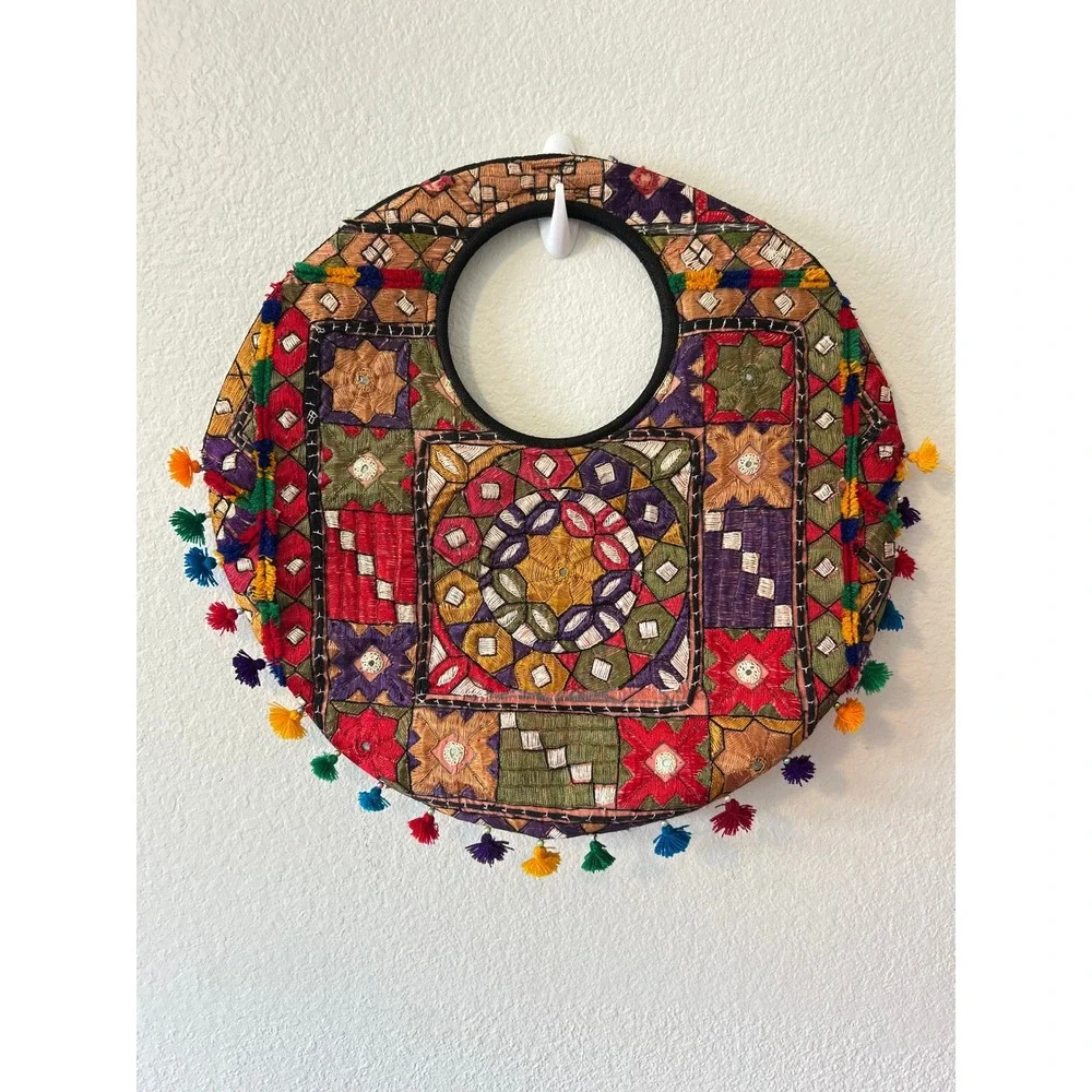 Boho Banjara Embroidered Round Tote Bag Tassel Patchwork Circular Hobo Multi